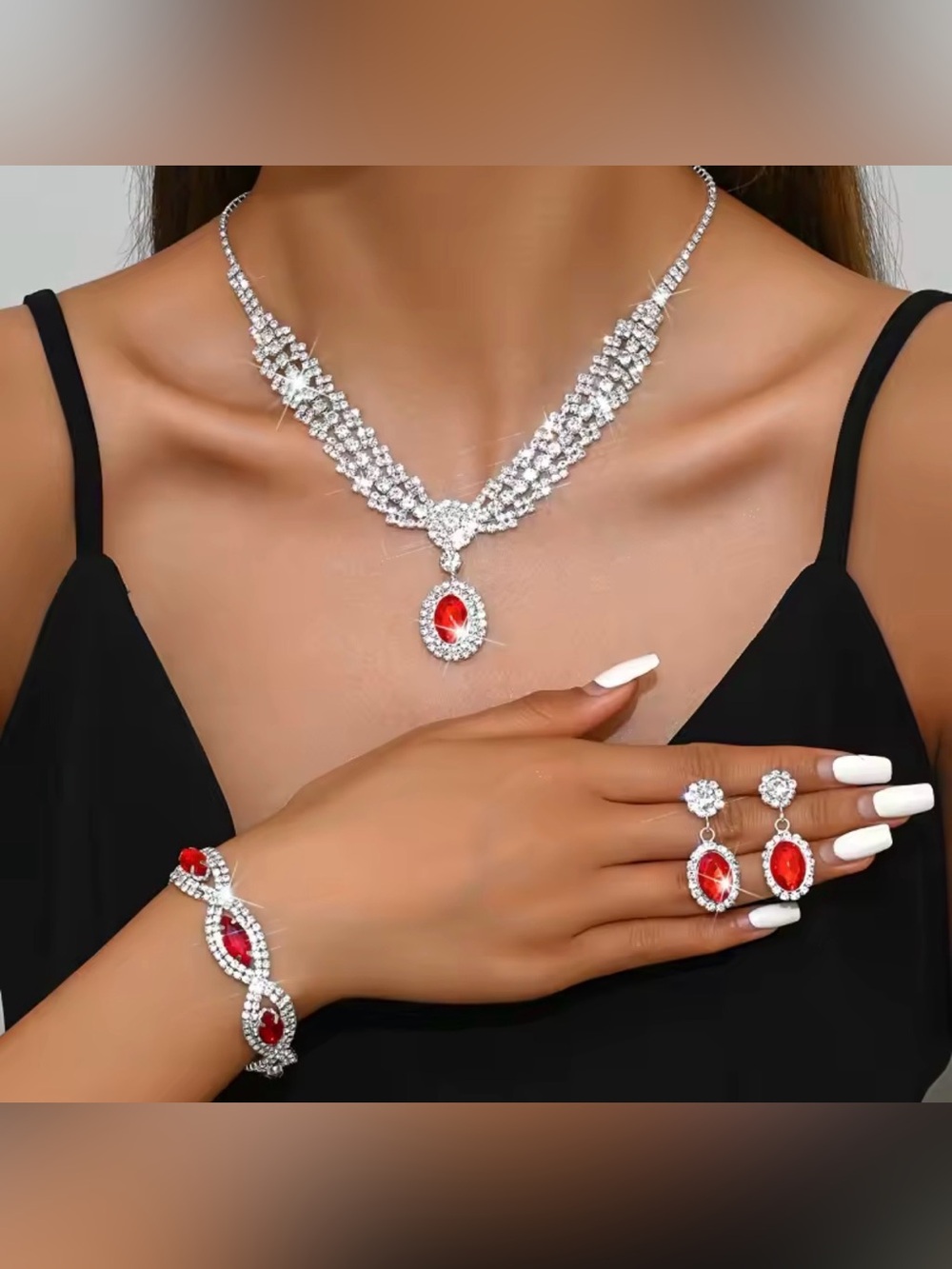 Stunning Elegant Silver Crystal Rhinestones Jewelry Set of 3 with Red Stones